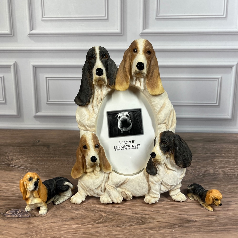 E&S Imports Basset Hound Photo Frame & Figurines Set Brown Black White Resin 3pc